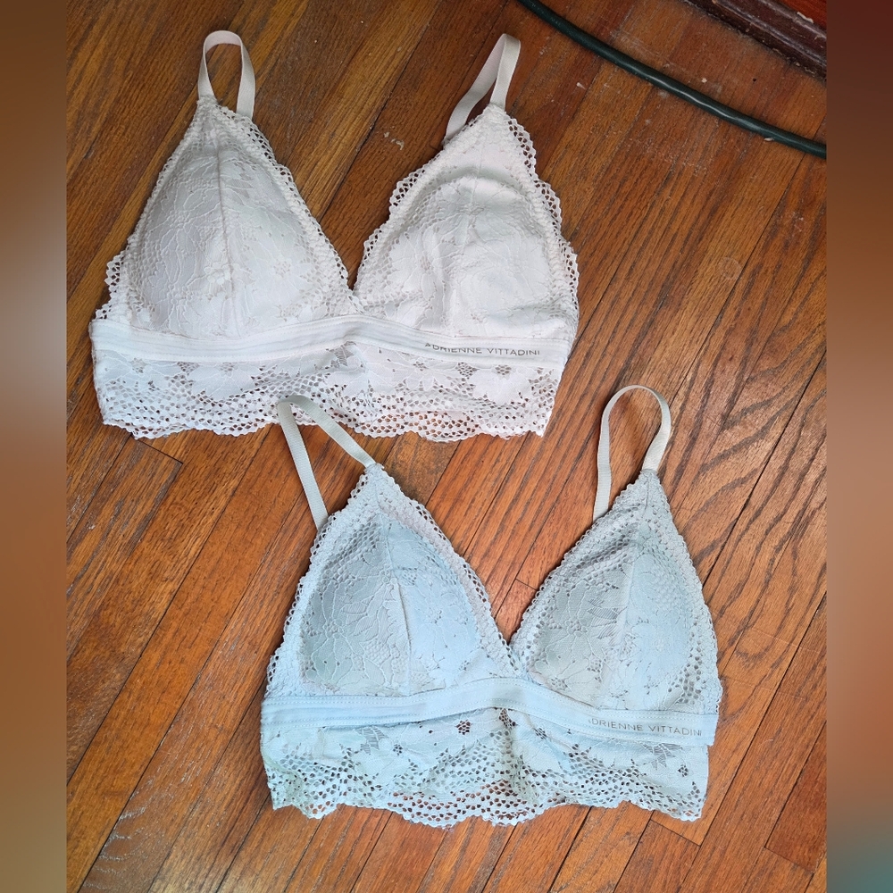 Adrienne Vittadini Lace Bralette Duo - Cream and Sage/Blue